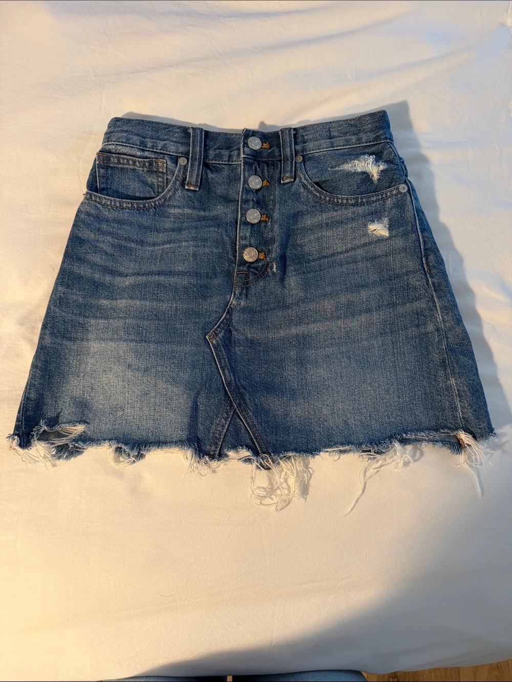 Madewell Blue Distressed Button-Front Denim Mini Skirt